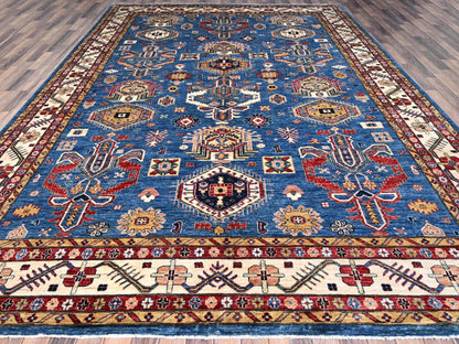 Kazak Tribal hand-knotted wool rug in Blue, 9'11" x 13'8", SKU O086553