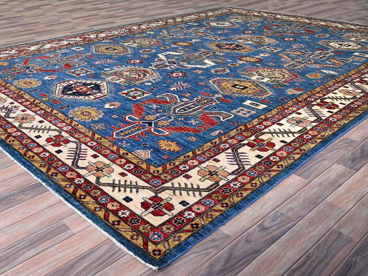 Kazak Tribal hand-knotted wool rug in Blue, 9'11" x 13'8", SKU O086553