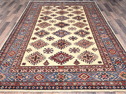 Ivory 5'11" x 9'3" Kazak Hand knotted Wool Rug - Sku: O086559