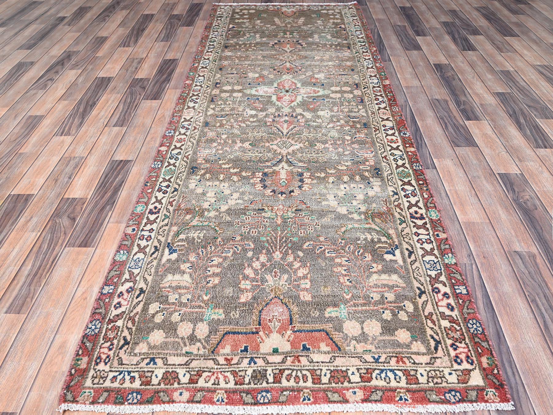 Brown 3'3" x 9'5" Vintage Hand knotted Wool Rug - Sku: O086638