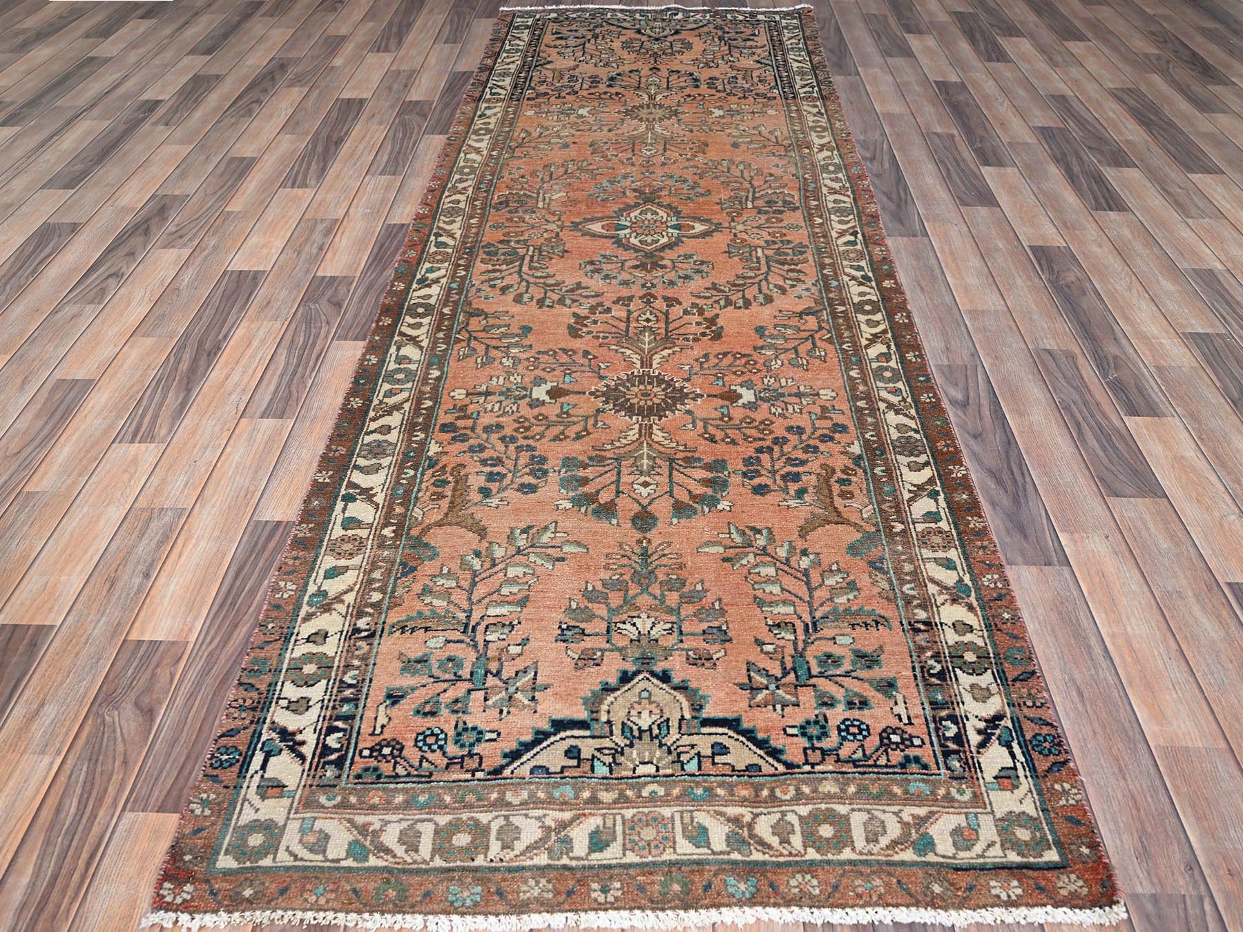 Red 3'5" x 10'2" Vintage Hand knotted Wool Rug - Sku: O086642