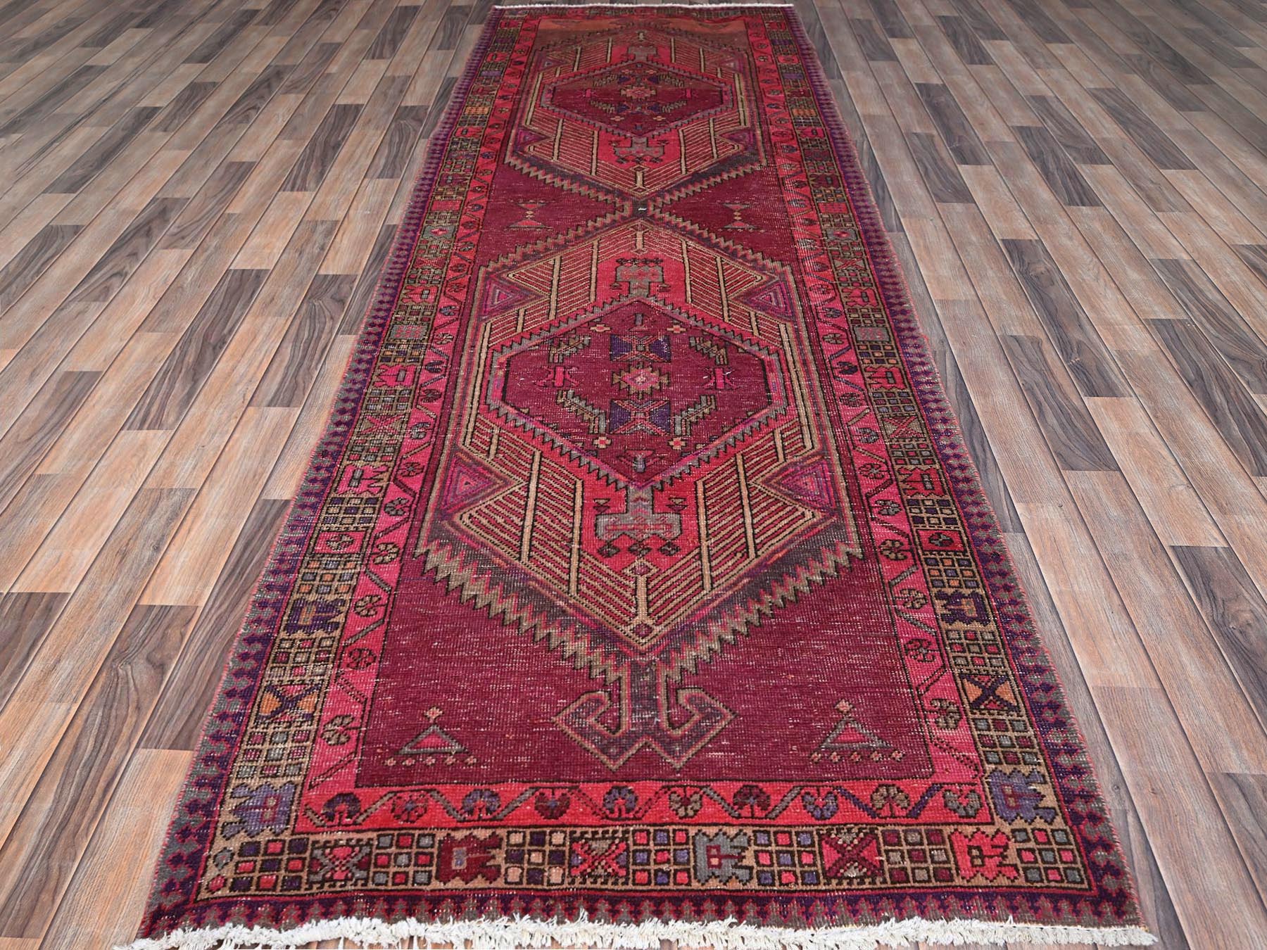 Pink 3'8" x 10'10" Vintage Hand knotted Wool Rug - Sku: O086660