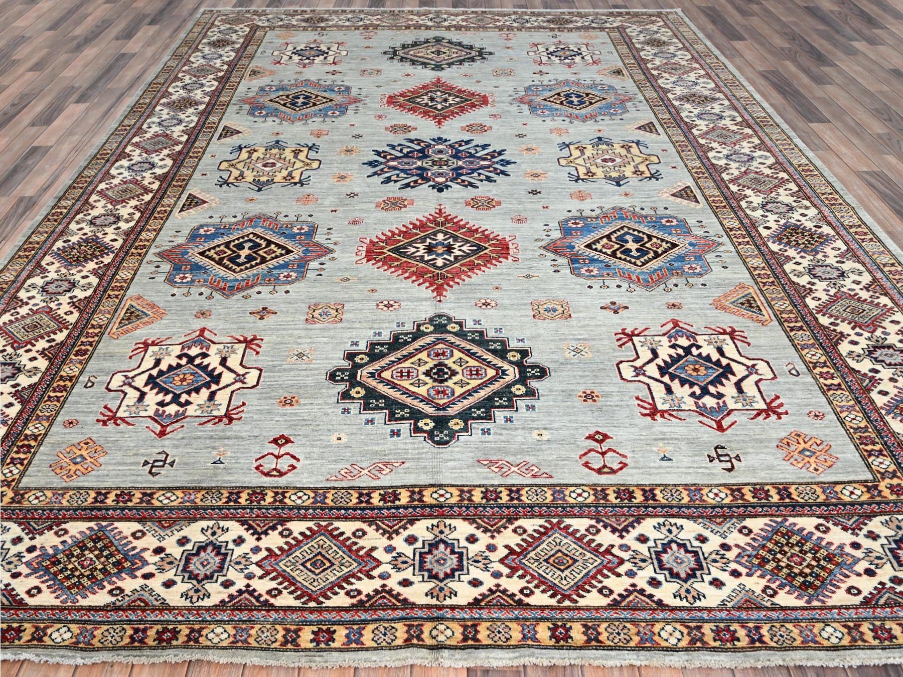 Kazak Tribal hand-knotted wool rug in Green, 9'0" x 11'9", SKU O086713