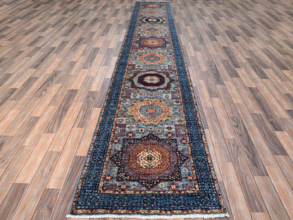Mamluk Traditional hand-knotted wool runner in Blue, 2'8" x 15'4", SKU O086759