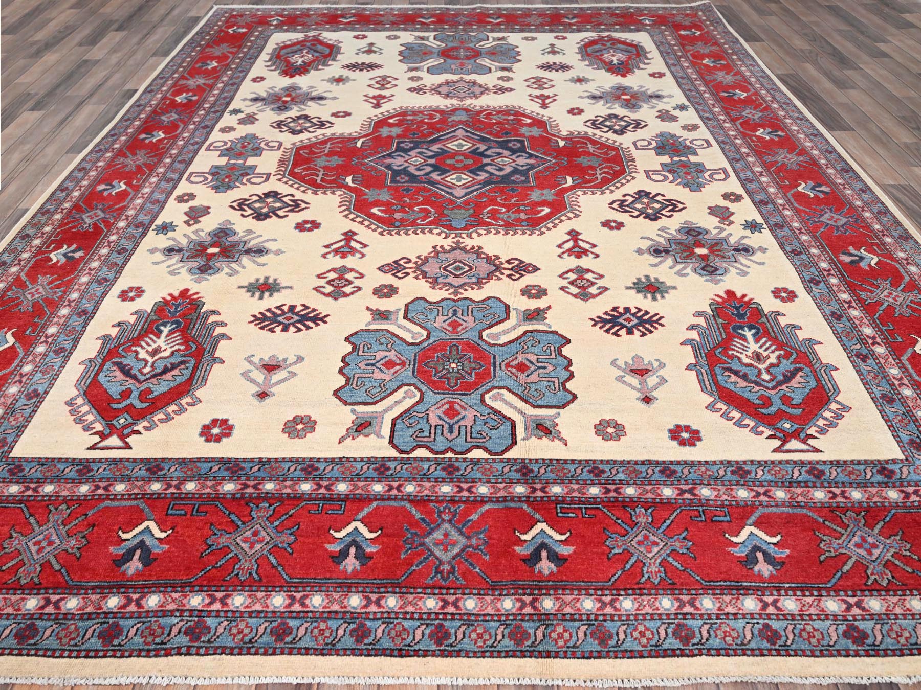 Kazak Tribal hand-knotted wool rug in Ivory, 8'10" x 11'8", SKU O086769
