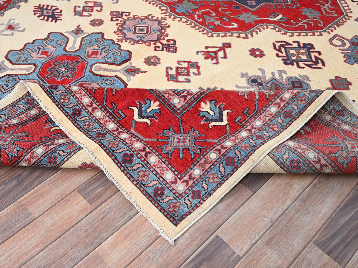 Kazak Tribal hand-knotted wool rug in Ivory, 8'10" x 11'8", SKU O086769