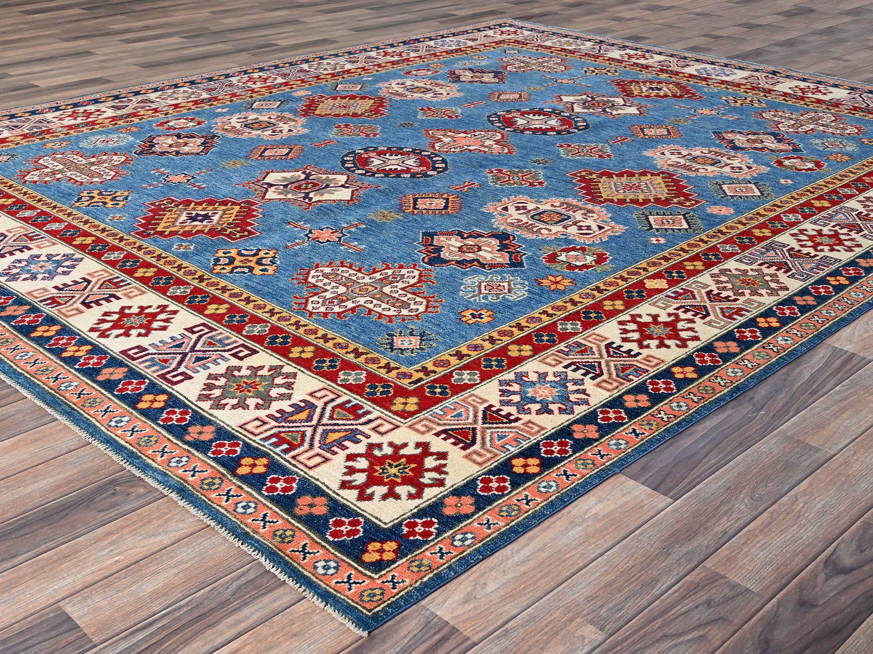 Kazak Tribal hand-knotted wool rug in Blue, 8'2" x 9'11", SKU O086778