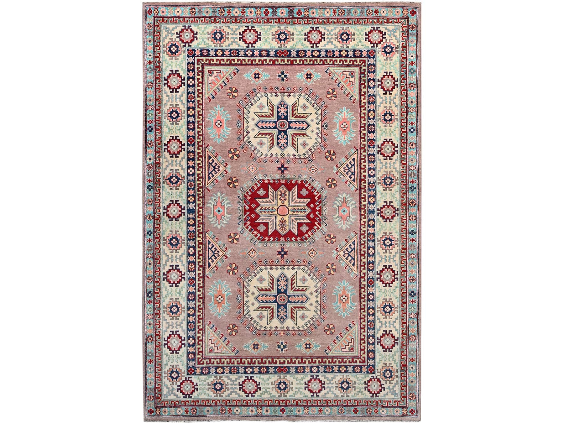 Kazak Tribal hand-knotted wool rug in Pink, 6'4" x 9'2", SKU O086785