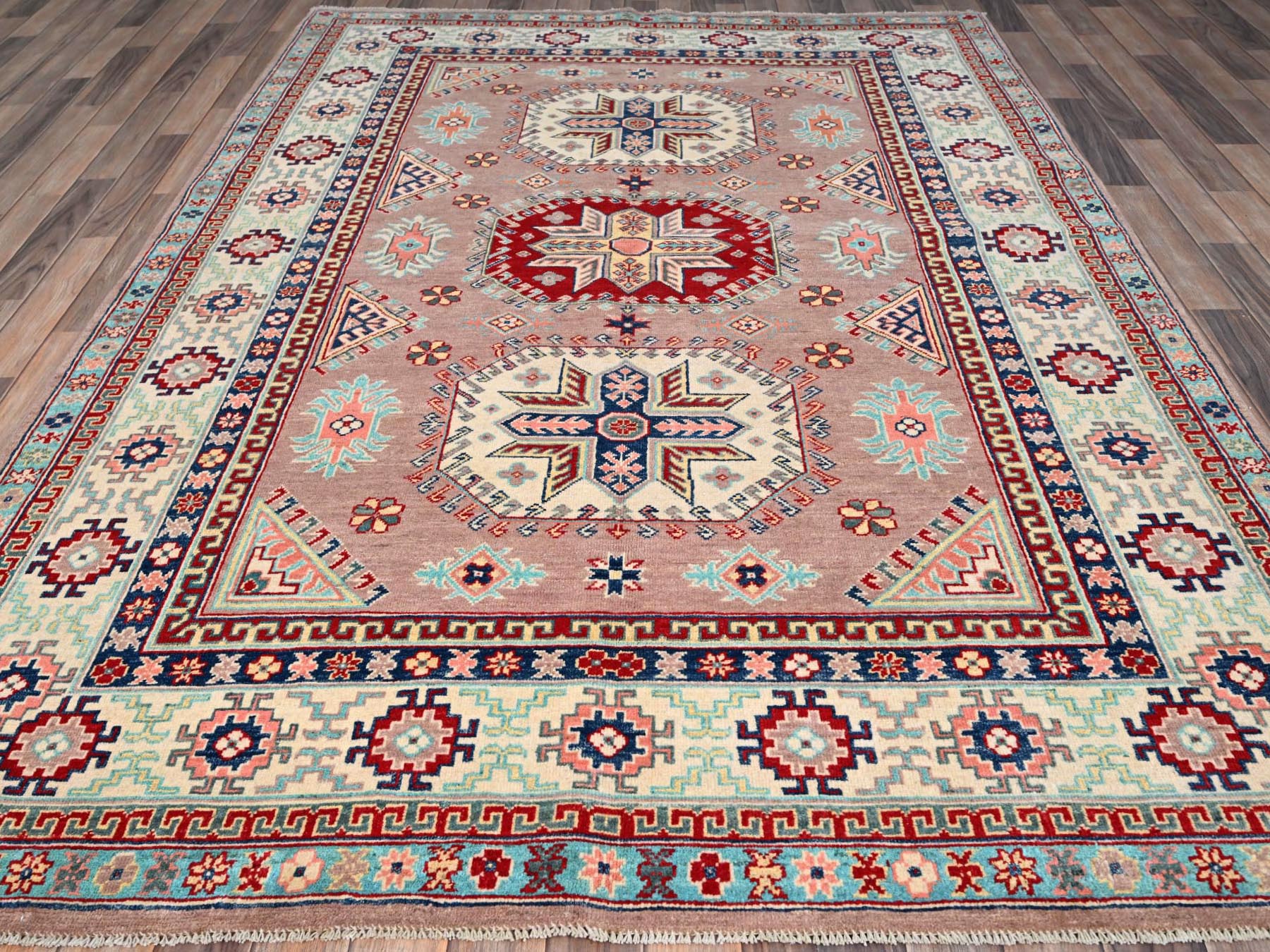 Kazak Tribal hand-knotted wool rug in Pink, 6'4" x 9'2", SKU O086785