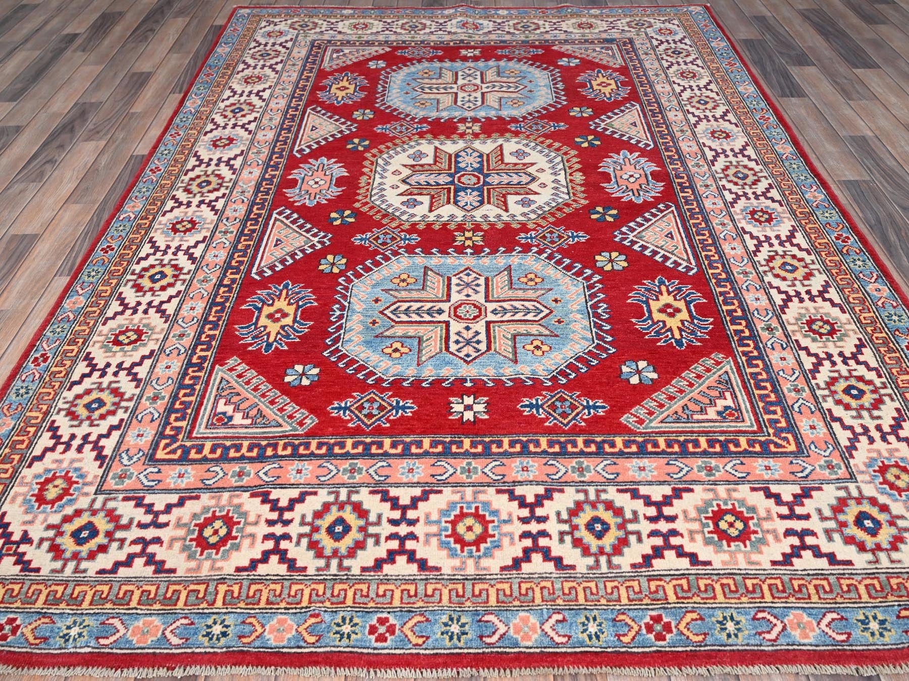 Kazak Tribal hand-knotted wool rug in Red, 6'0" x 8'9", SKU O086788