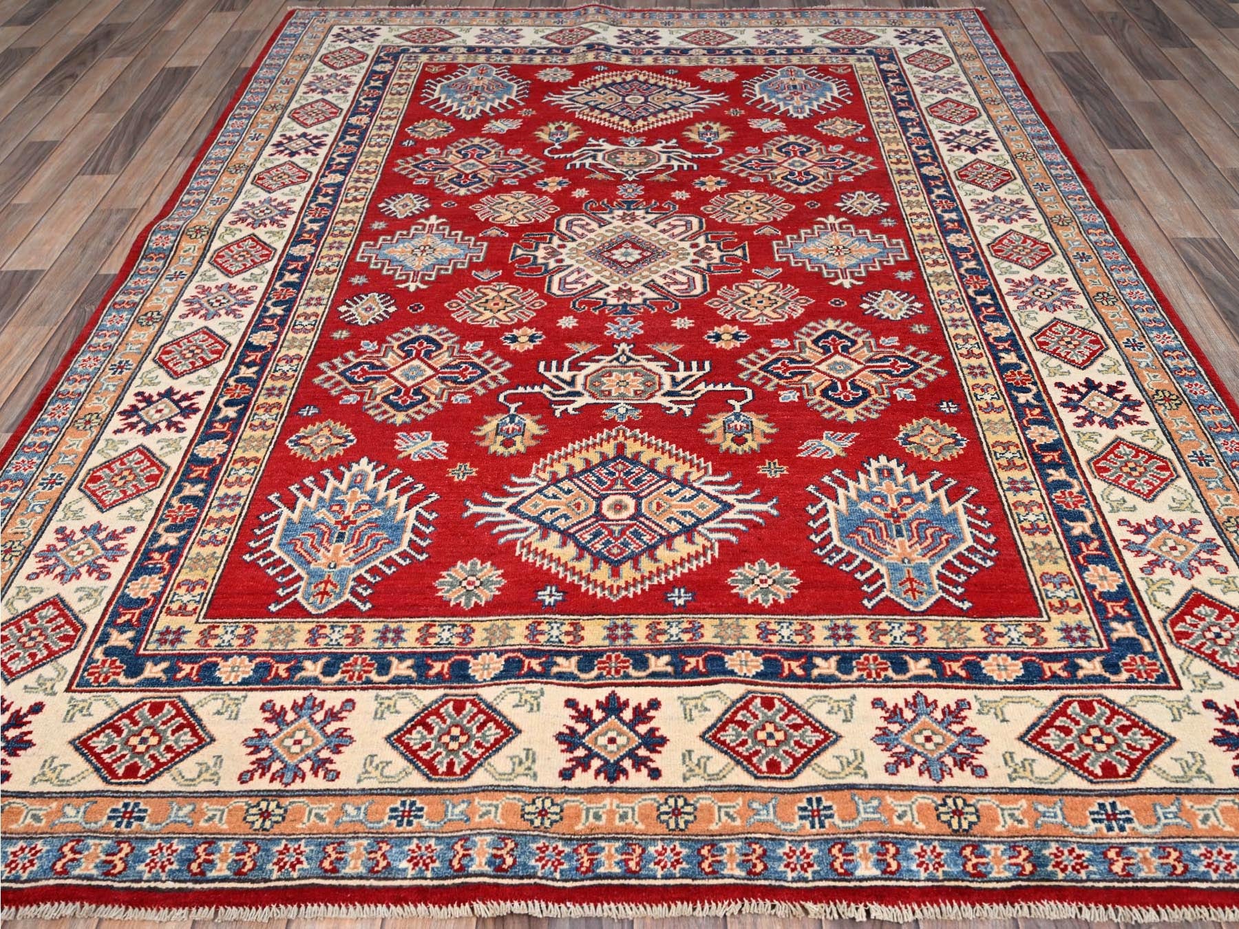 Kazak Tribal hand-knotted wool rug in Red, 6'2" x 8'9", SKU O086790