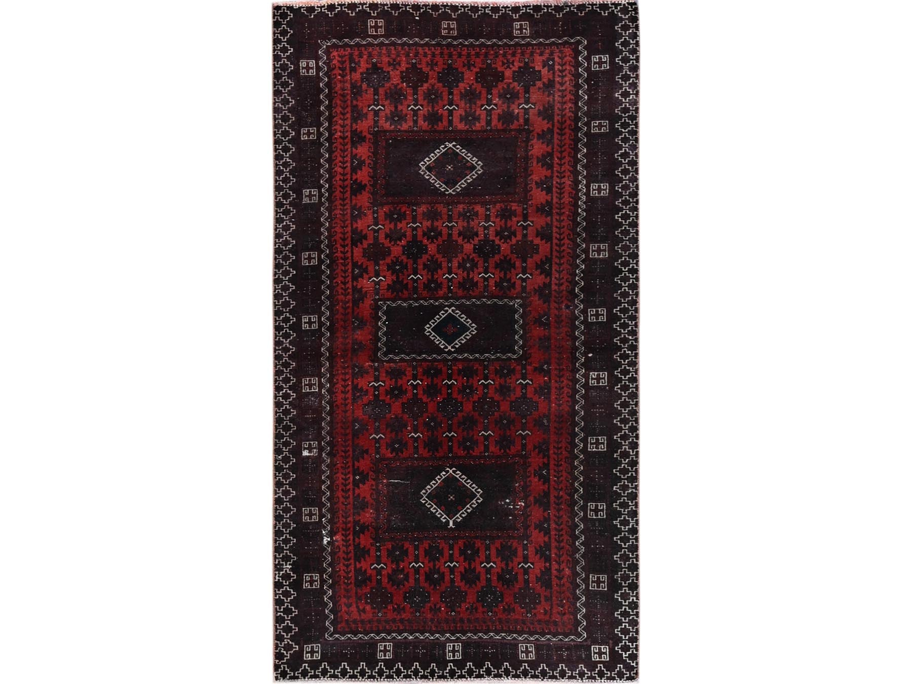 Baluch Vintage hand-knotted wool runner in Red & Chocolate Brown, 1'6" x 3'5" — SKU O0867
