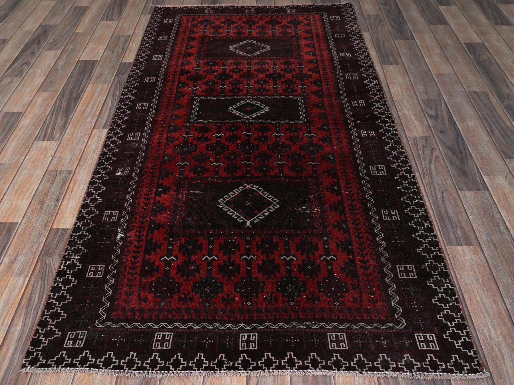 Baluch Vintage hand-knotted wool runner in Red & Chocolate Brown, 1'6" x 3'5" — SKU O0867 (view 2)