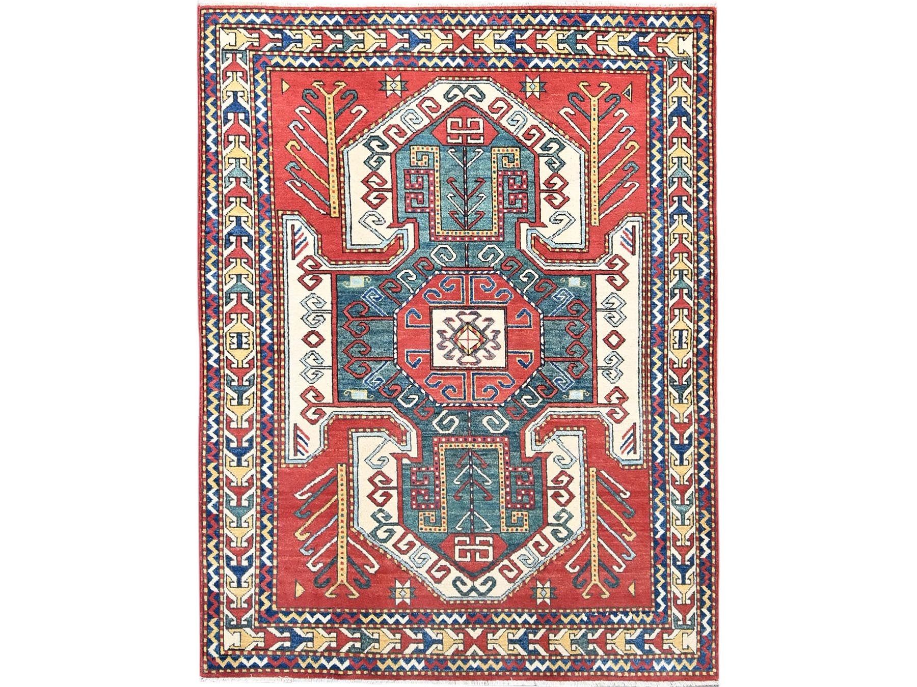 Kazak Tribal hand-knotted wool rug in Red, 5'0" x 6'6", SKU O086809
