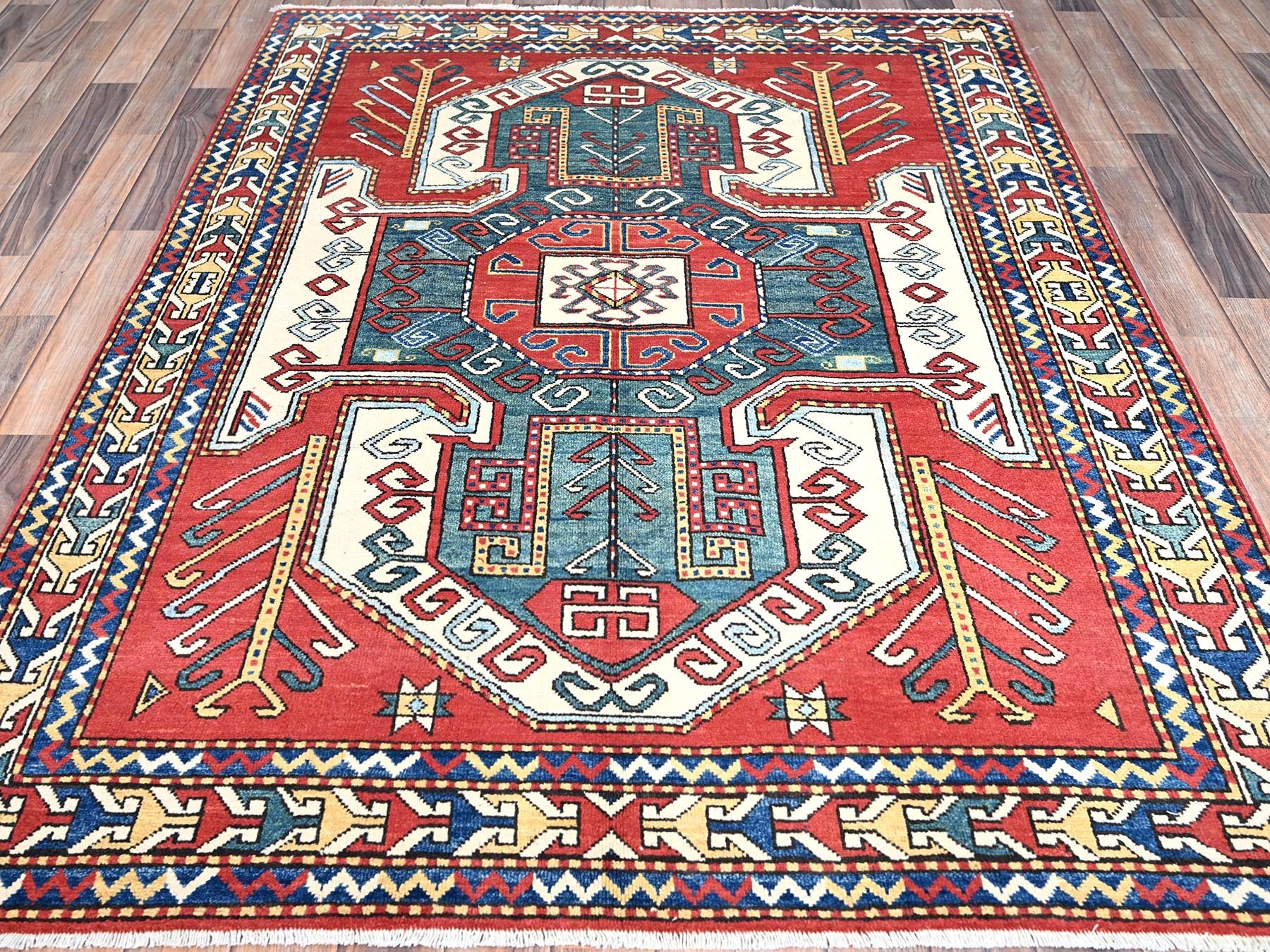 Kazak Tribal hand-knotted wool rug in Red, 5'0" x 6'6", SKU O086809