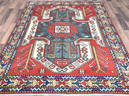 Red 5'0" x 6'6" Tribal Hand knotted Wool Rug - Sku: O086809