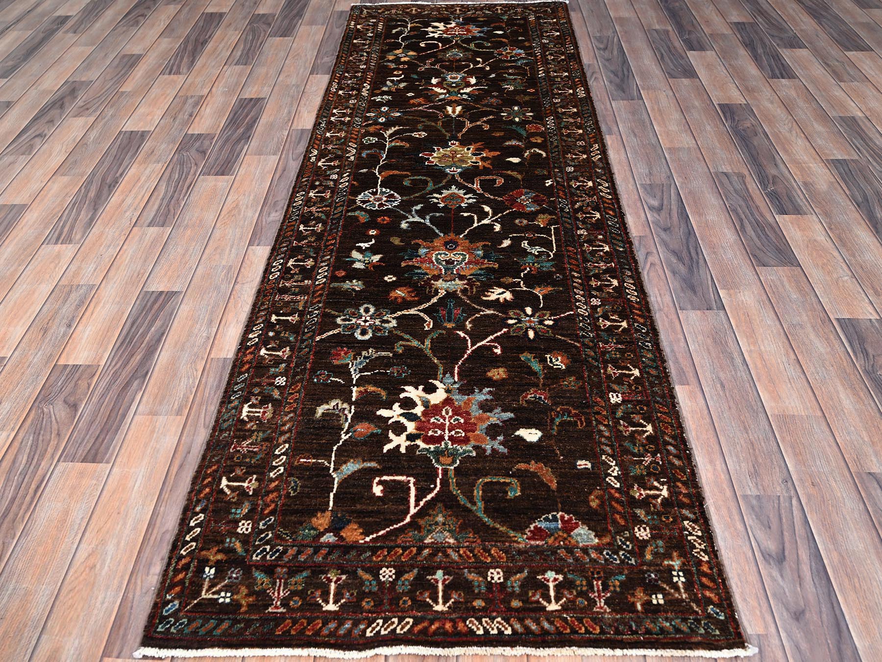 Tribal hand-knotted wool runner in Brown, 2'8" x 8'6", SKU O086895