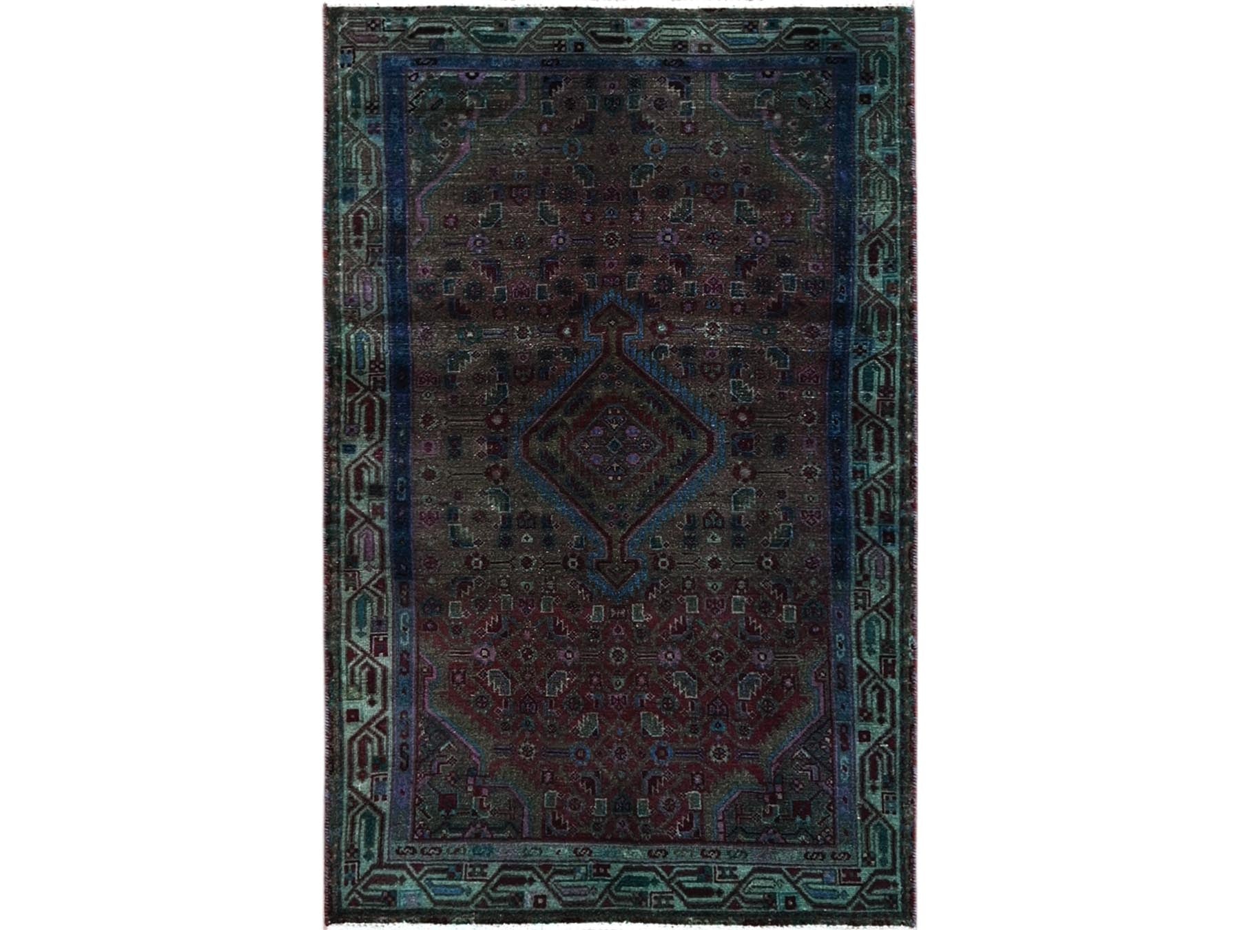Hamadan Vintage hand-knotted wool rug in Overdyed & Green, 3'2" x 5'1" — SKU O0868