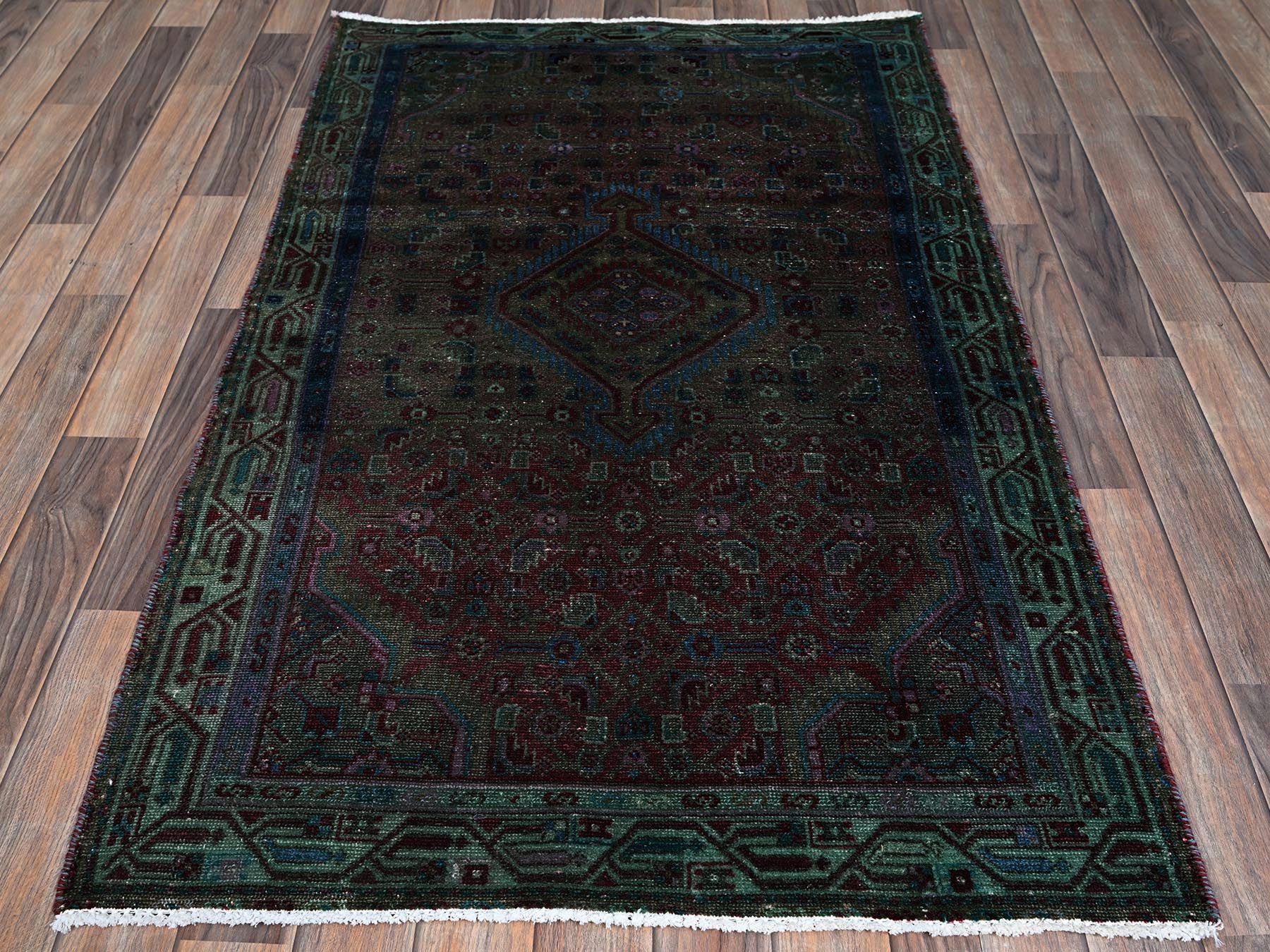 Hamadan Vintage hand-knotted wool rug in Overdyed & Green, 3'2" x 5'1" — SKU O0868 (view 2)