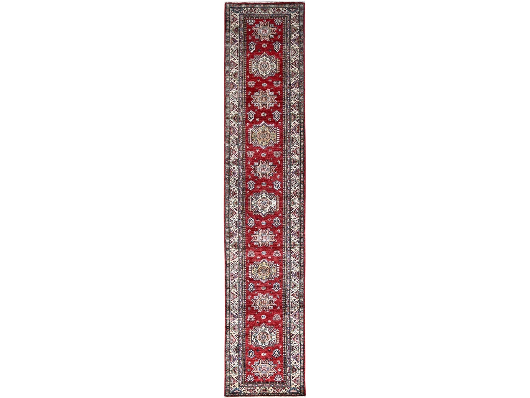 Kazak Tribal hand-knotted wool runner in Red, 2'7" x 13'2", SKU O086910