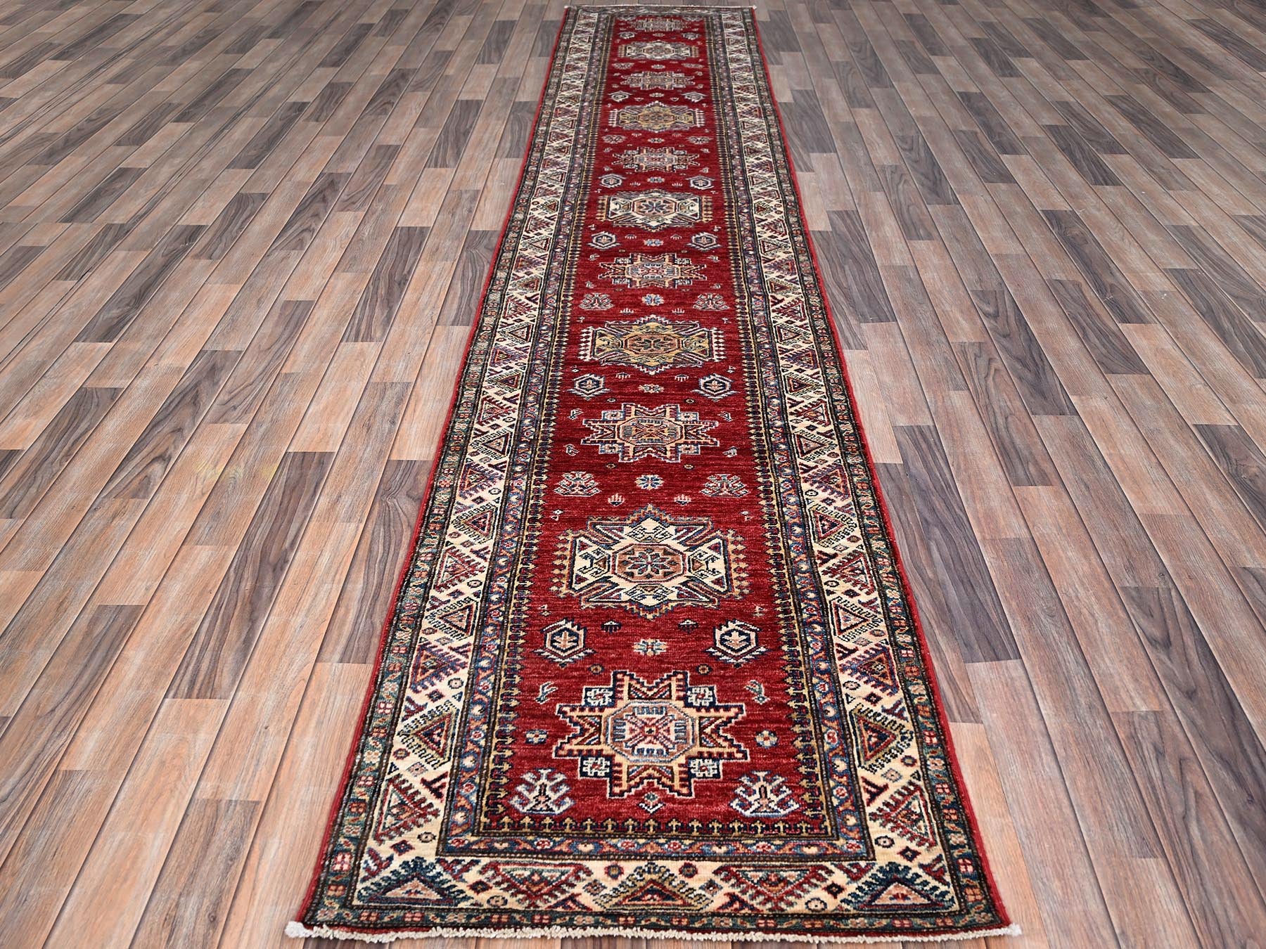 Kazak Tribal hand-knotted wool runner in Red, 2'7" x 13'2", SKU O086910