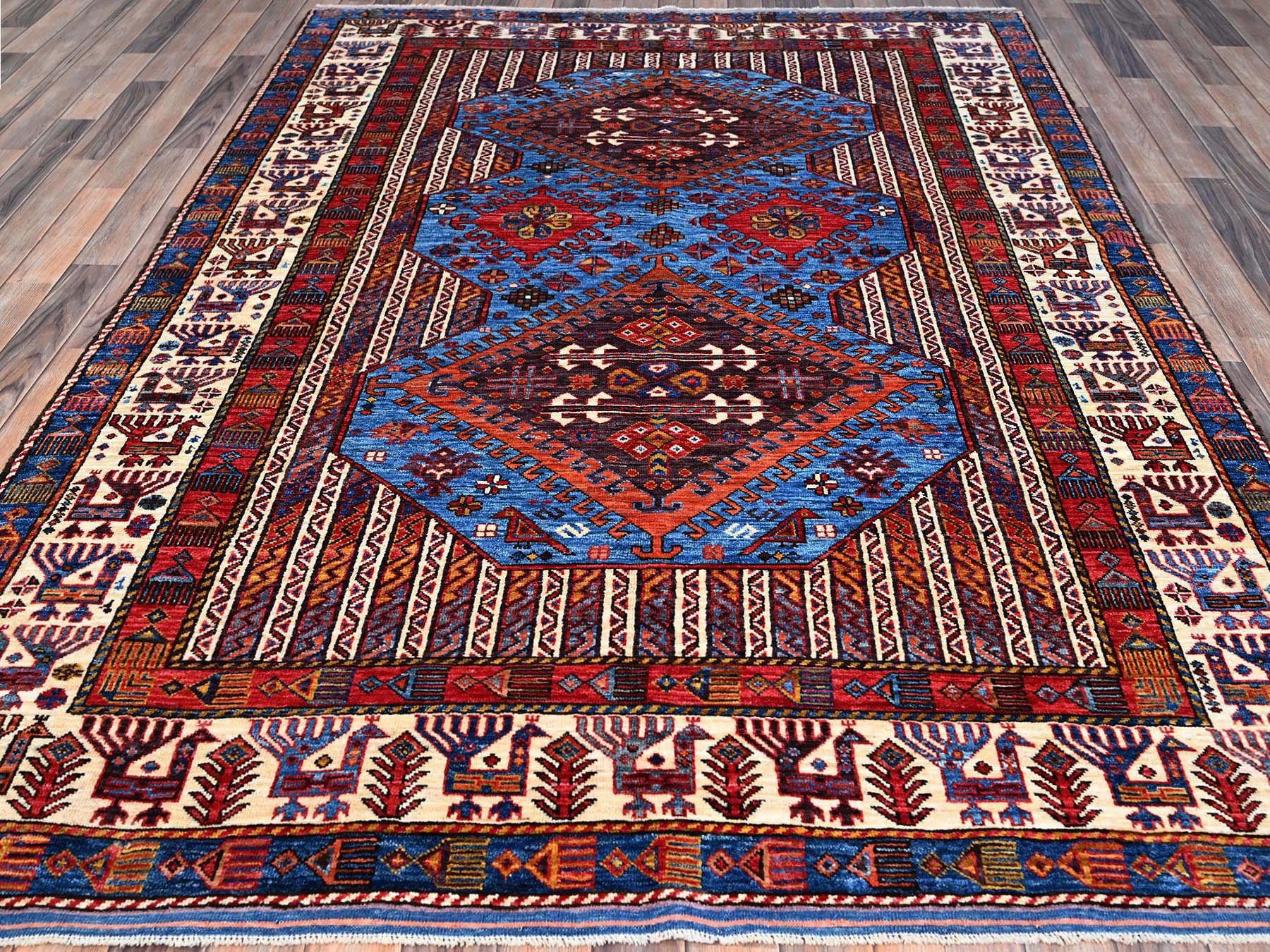 Tribal hand-knotted wool rug in Blue, 6'3" x 8'5", SKU O086978