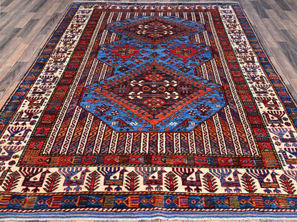 Tribal hand-knotted wool rug in Blue, 6'3" x 8'5", SKU O086978