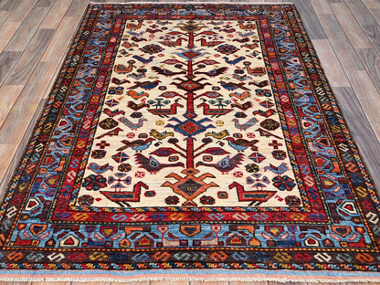 Ivory 3'8" x 5'4" Tribal Hand knotted Wool Rug - Sku: O086988