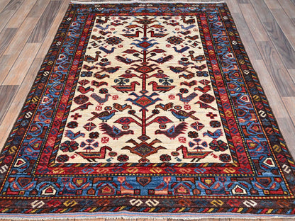 Ivory 3'7" x 5'3" Tribal Hand knotted Wool Rug - Sku: O086990