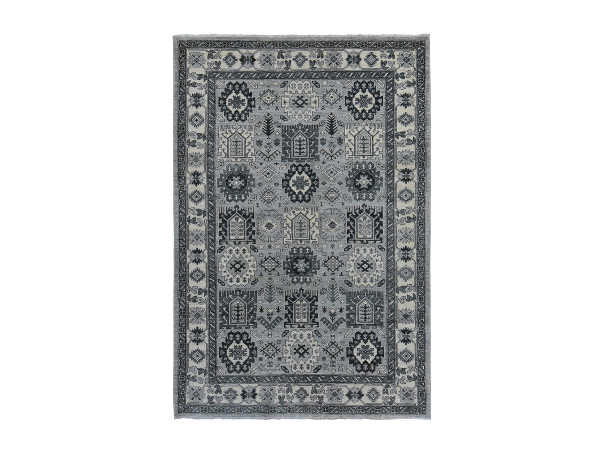Peshawar Tribal & Geometric hand-knotted wool rug in Gray & Ivory, 6'2" x 9'2" — SKU O087001