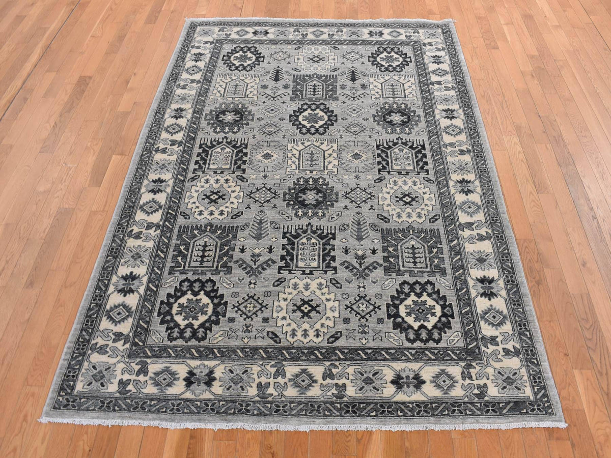 Peshawar Tribal & Geometric hand-knotted wool rug in Gray & Ivory, 6'2" x 9'2" — SKU O087001 (view 2)