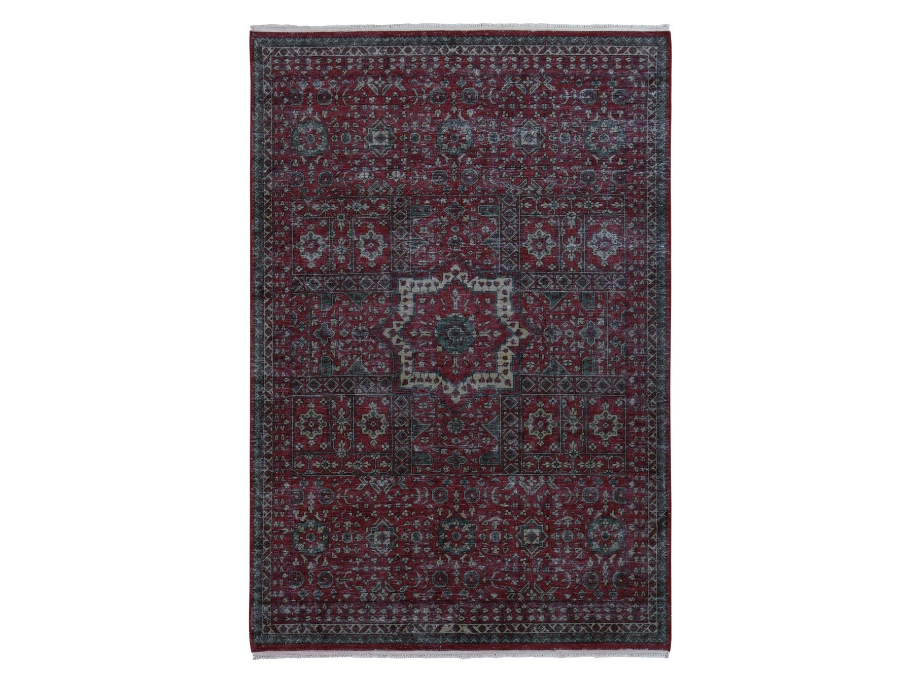 Mamluk Mamluk hand-knotted worn wool rug in Red & Ivory, 6'1" x 9' — SKU O087012