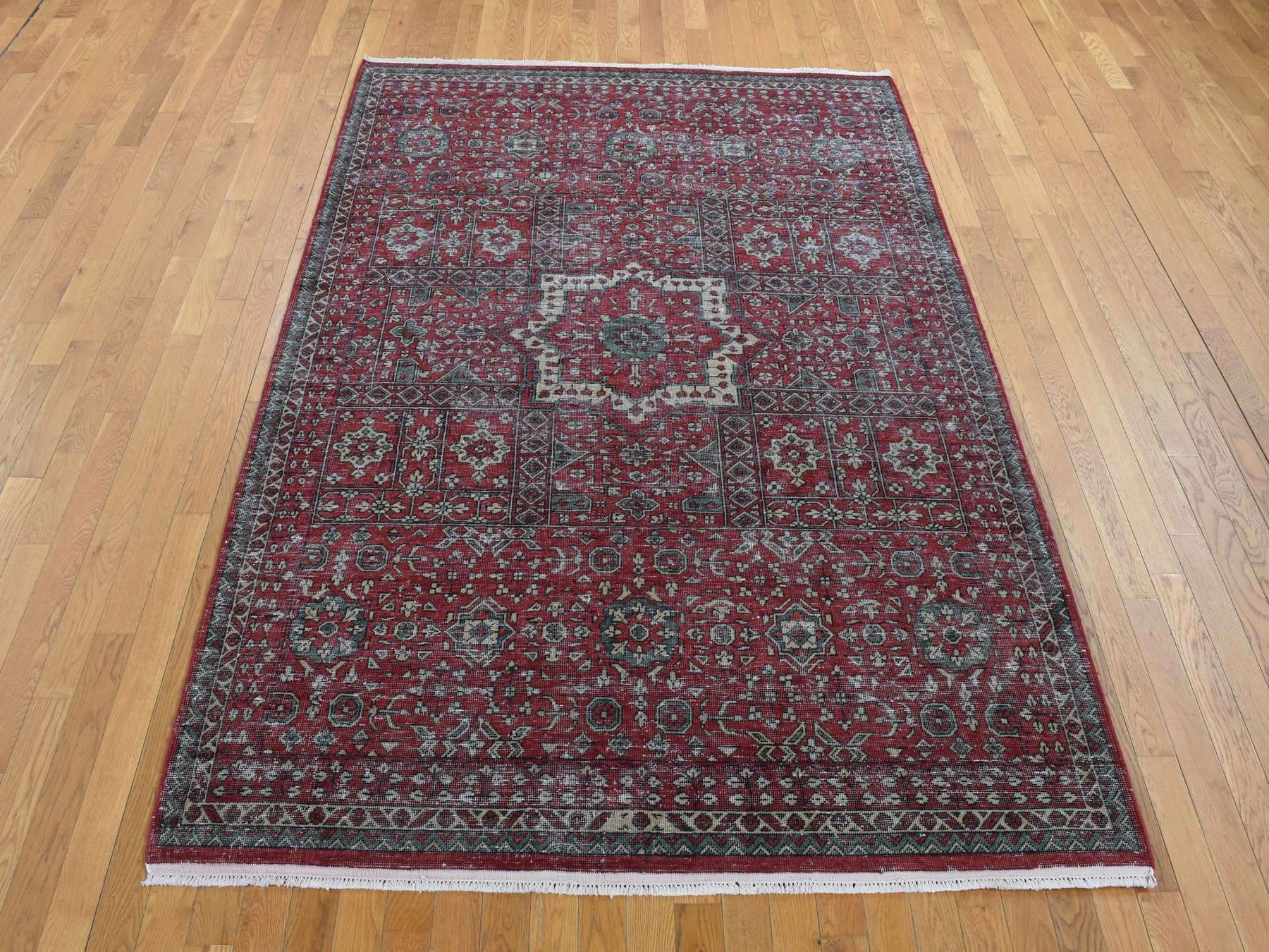 Mamluk Mamluk hand-knotted worn wool rug in Red & Ivory, 6'1" x 9' — SKU O087012 (view 2)