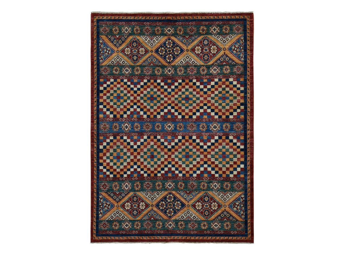 Kazak Kazak hand-knotted wool rug in Green & Orange, 5'7" x 8' — SKU O087018