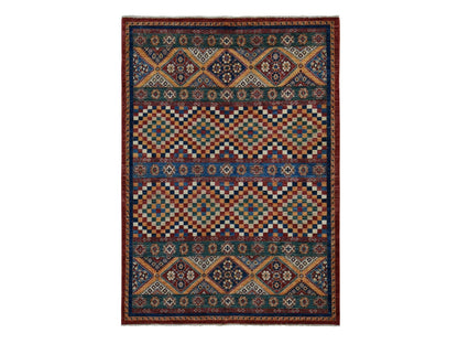 Kazak Kazak hand-knotted wool rug in Green & Orange, 5'7" x 8' — SKU O087018