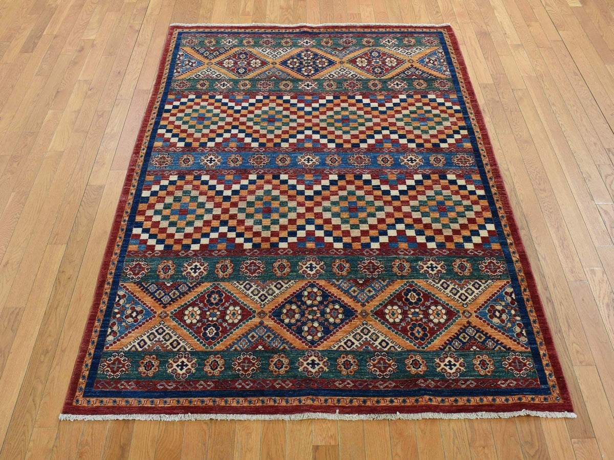 Kazak Kazak hand-knotted wool rug in Green & Orange, 5'7" x 8' — SKU O087018 (view 2)