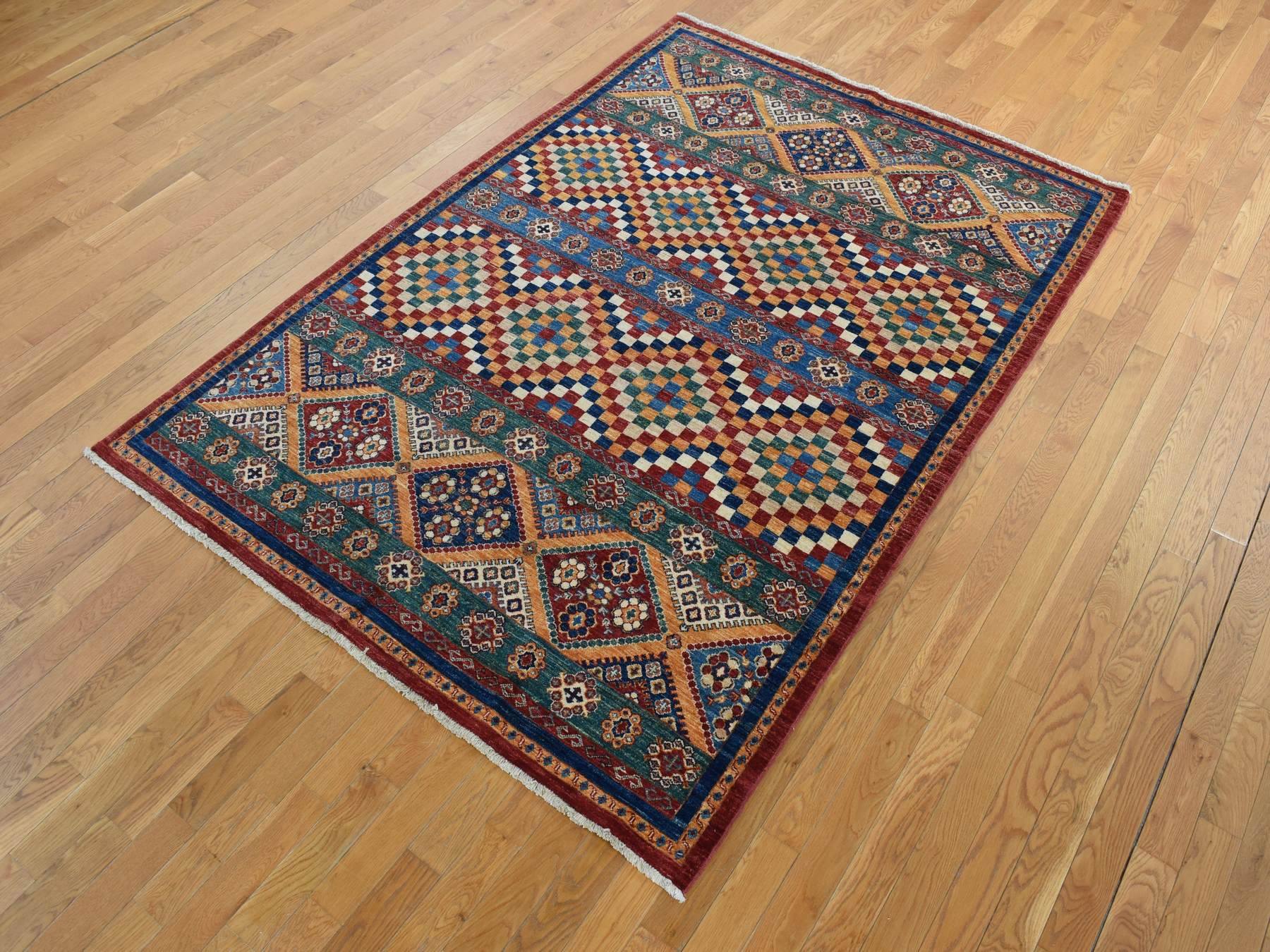 Kazak Kazak hand-knotted wool rug in Green & Orange, 5'7" x 8' — SKU O087018 (view 3)
