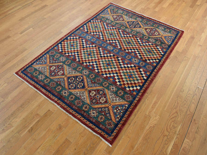 Kazak Kazak hand-knotted wool rug in Green & Orange, 5'7" x 8' — SKU O087018 (view 3)