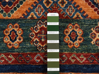 Kazak Kazak hand-knotted wool rug in Green & Orange, 5'7" x 8' — SKU O087018 (view 7)