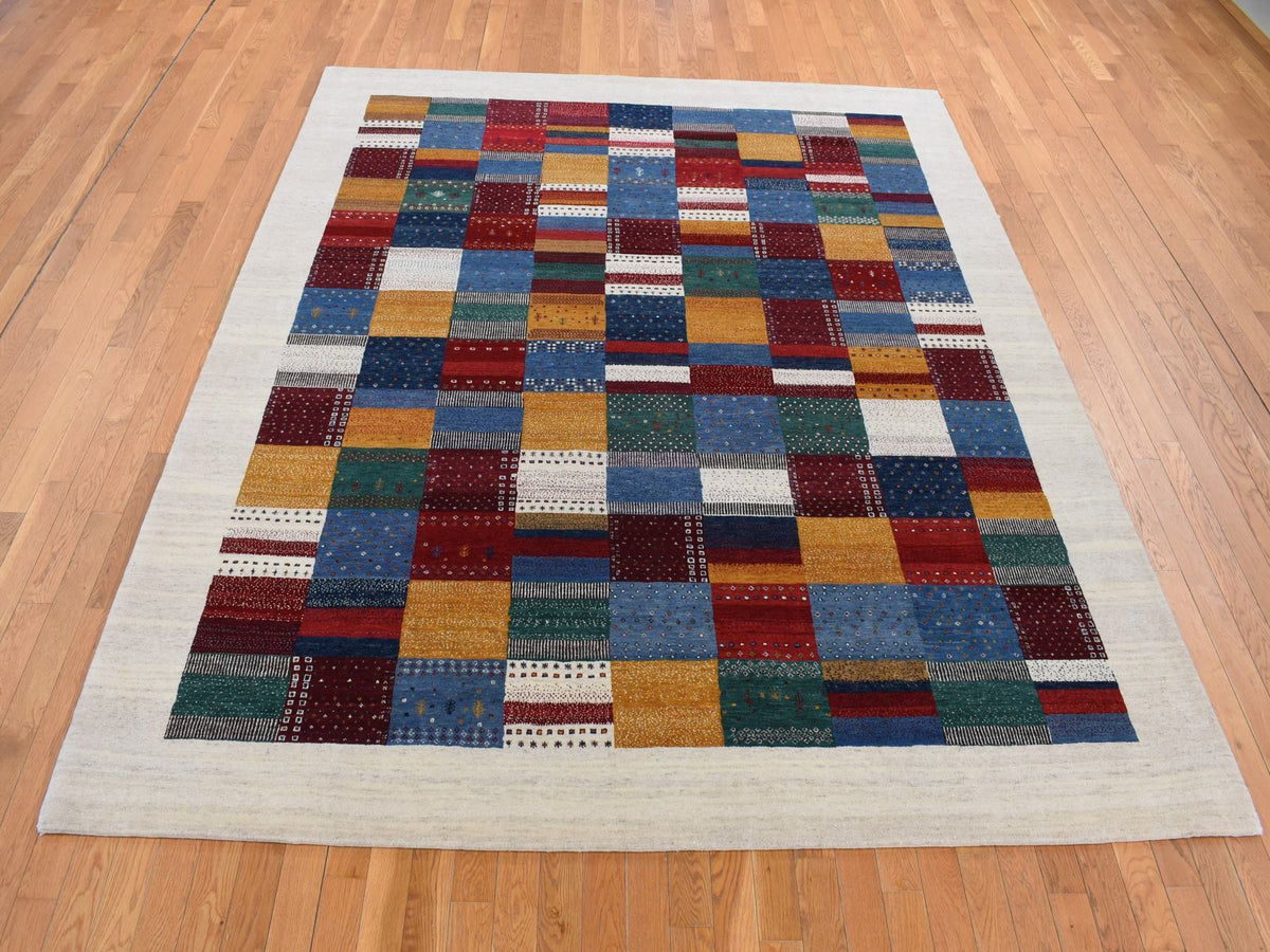 Gabbeh Tribal & Geometric hand-knotted wool rug in Ivory, 8'3" x 9'9" — SKU O087044 (view 2)