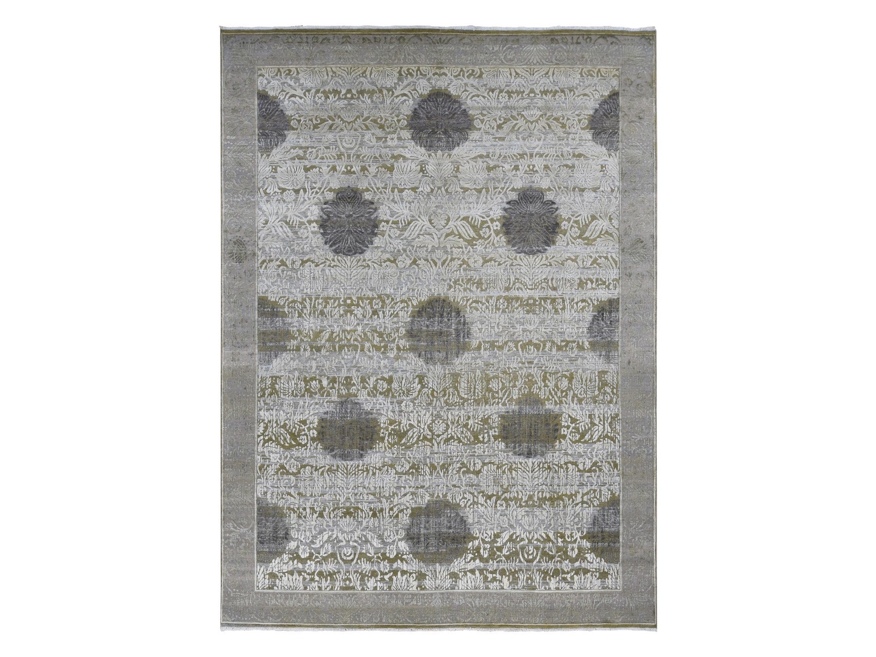 Wool / Silk hand-knotted wool/silk rug in Green & Gray, 8'9" x 12'1" — SKU O087071
