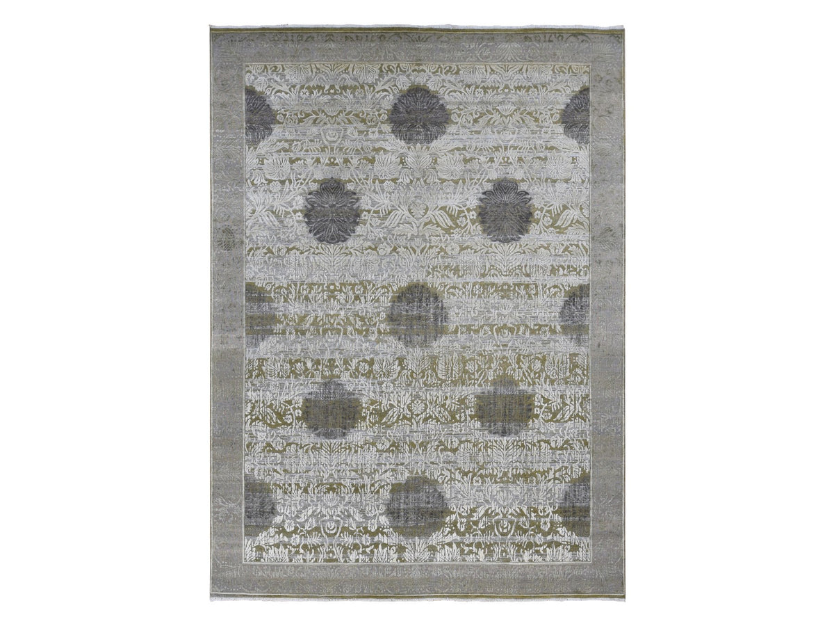Wool / Silk hand-knotted wool/silk rug in Green & Gray, 8'9" x 12'1" — SKU O087071
