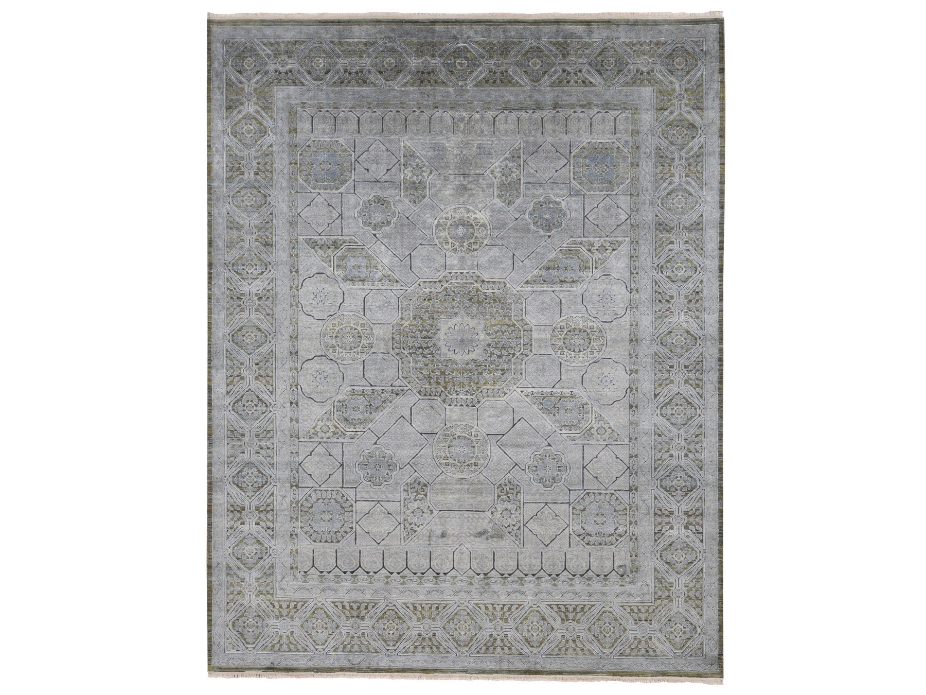 Mamluk Mamluk hand-knotted wool/silk rug in Gray, 9' x 11'7" — SKU O087075