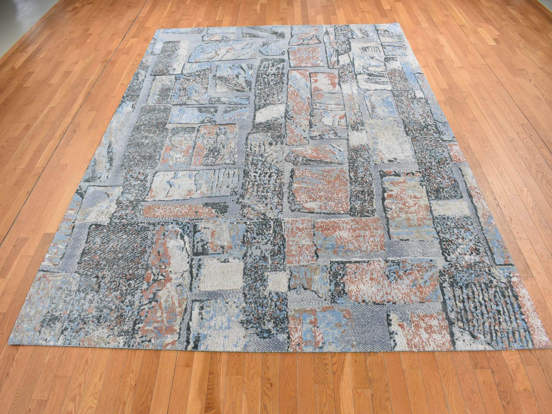 Modern / Contemporary hand-knotted wool/silk rug in Gray, 9' x 12'2" — SKU O087102 (view 2)