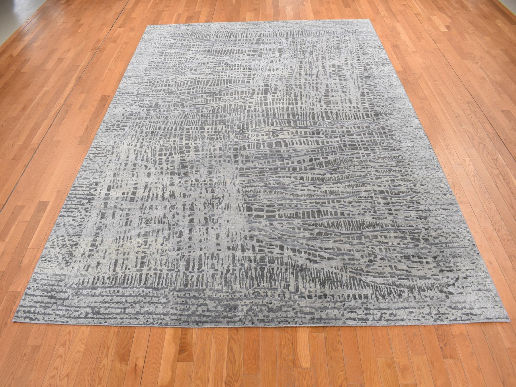 Modern / Contemporary hand-knotted wool/silk rug in Gray, 8'10" x 12'2" — SKU O087108 (view 2)