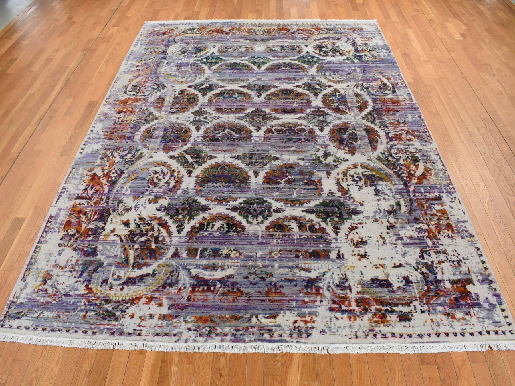 Modern / Contemporary hand-knotted wool/sari silk rug in Purple, 9' x 12' — SKU O087116 (view 2)