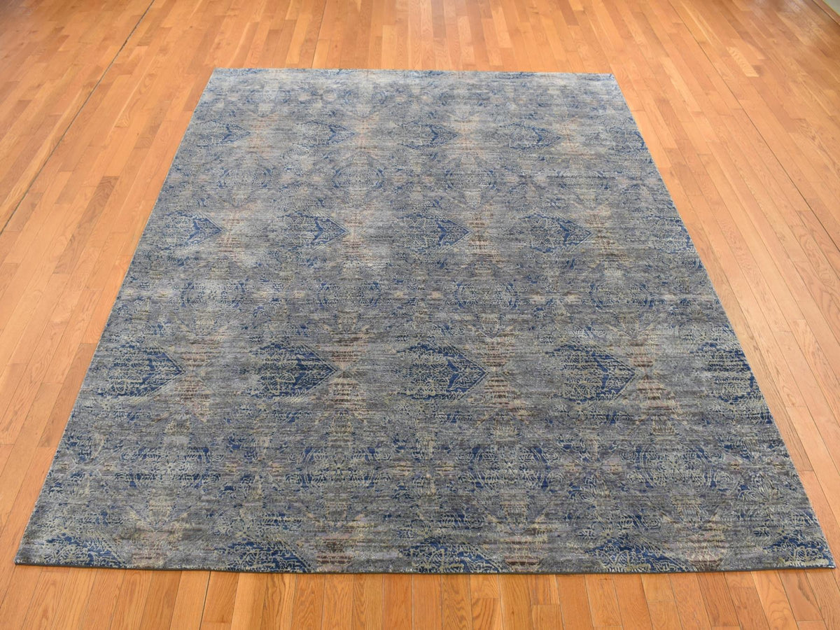 Modern / Contemporary hand-knotted wool/silk rug in Blue, 8'9" x 12' — SKU O087123 (view 2)