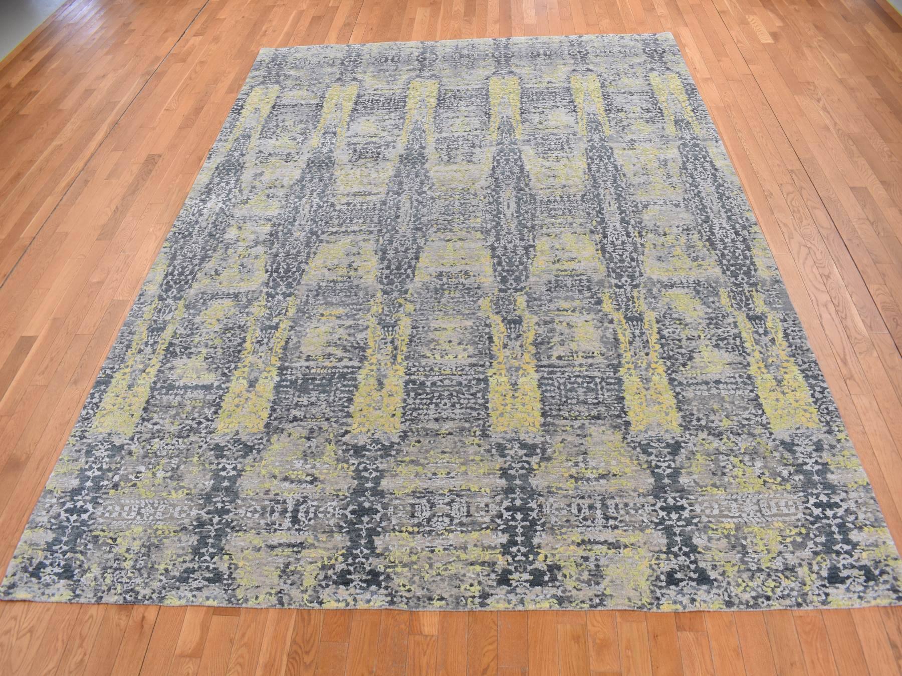 Modern / Contemporary hand-knotted wool/silk rug in Yellow, 8'10" x 11'9" — SKU O087132 (view 2)