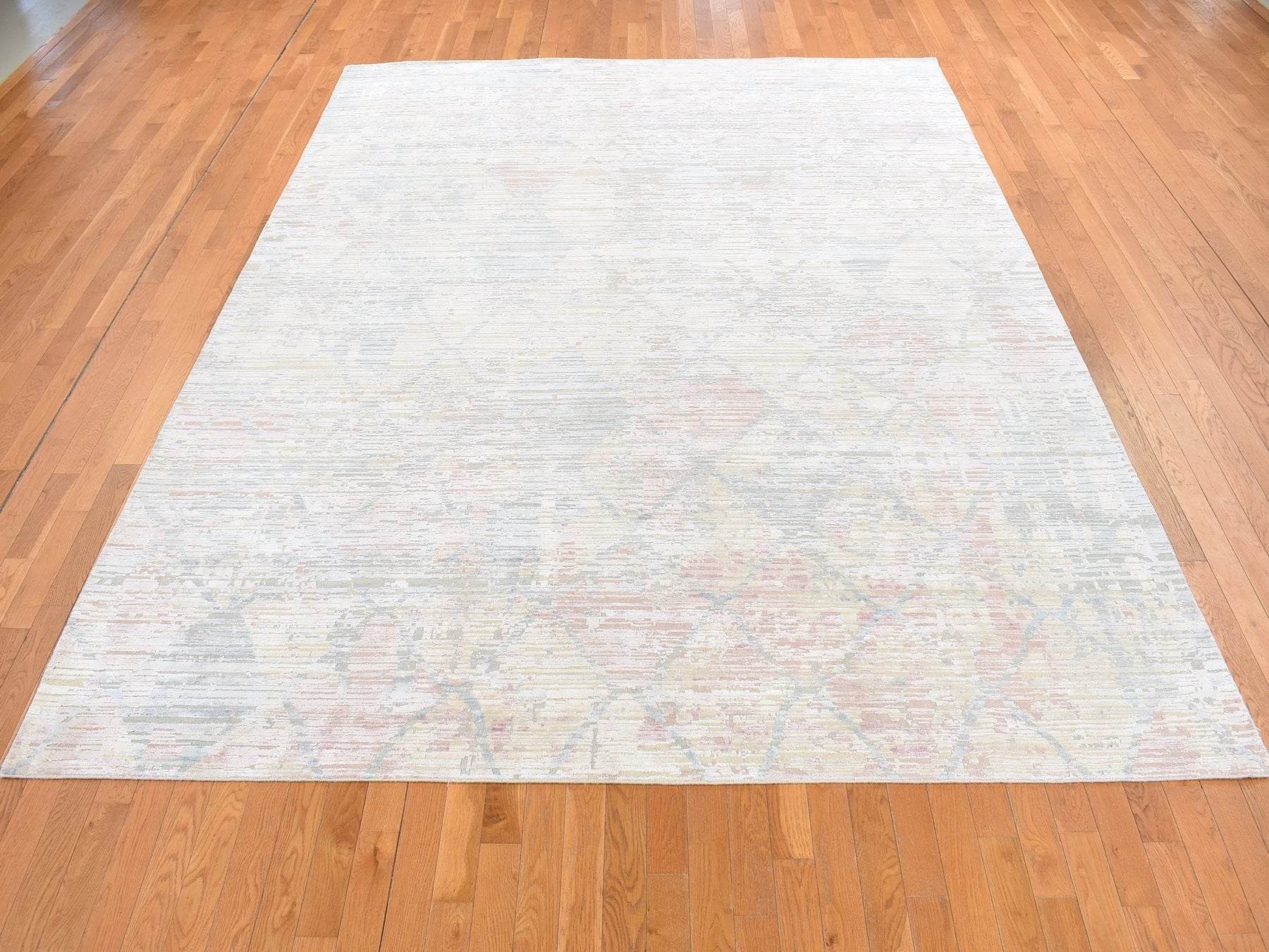 Modern / Contemporary hand-knotted wool/silk rug in Yellow, 9' x 11'10" — SKU O087133 (view 2)