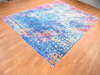 Blue 9'1" x 12'1" Transitional Hand knotted Wool/Silk Rug - Sku: O087138